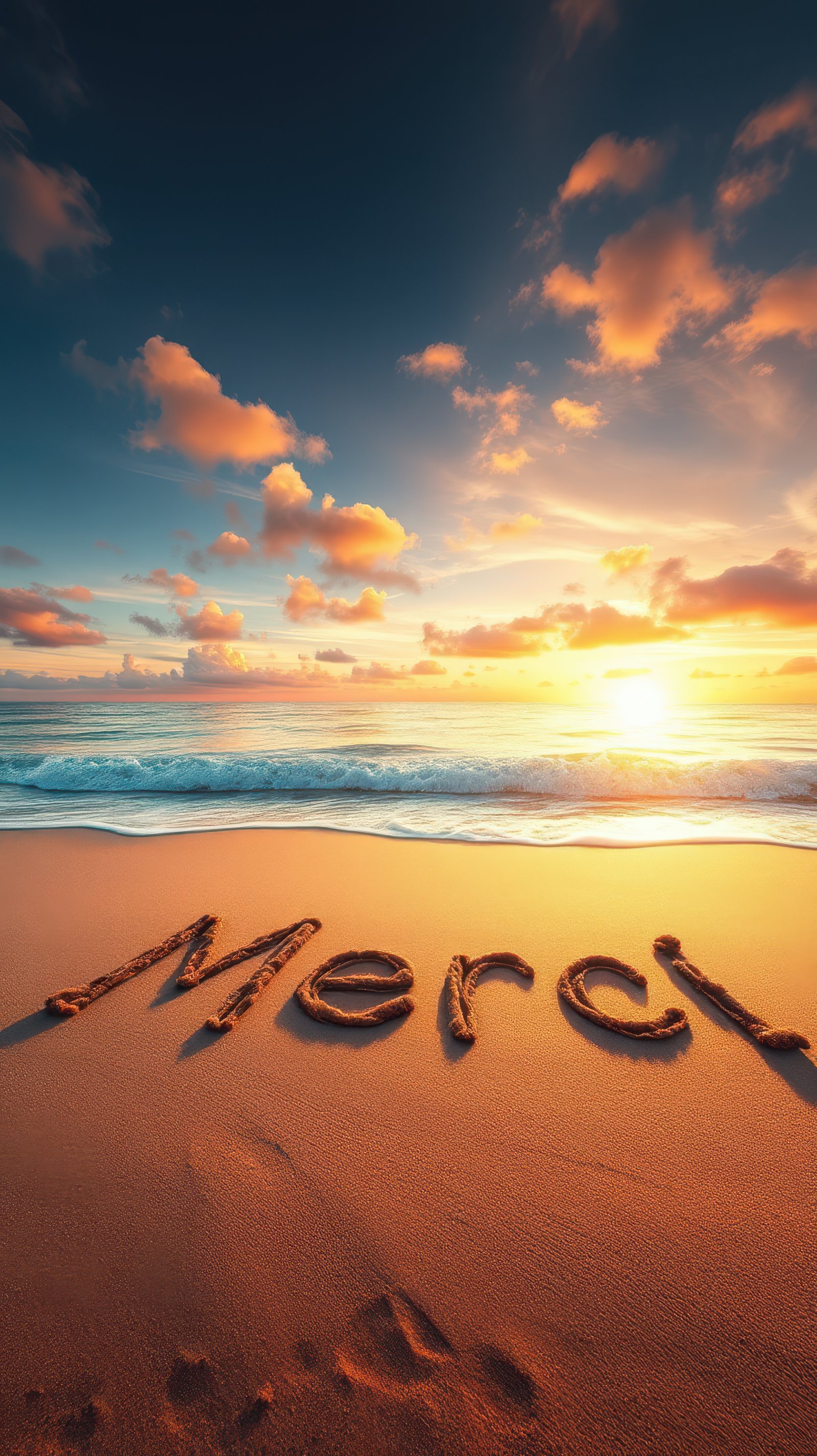 Sunset on the beach with the word 'Mercy' written in the sand and gentle waves lapping at the shore